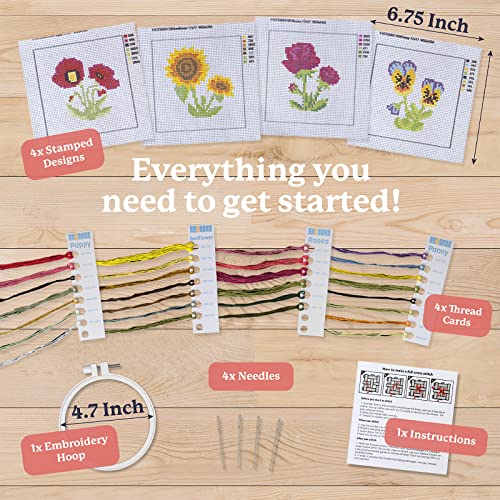 Image of Kraftex Stamped Cross Stitch Kits for Beginners (Flower Theme - 6.75 Inch - 4 Pack 1 x Embroidery Hoop) Embroidery Needlepoint Patterns for Adults, Includes Poppy, Rose, Sunflower and Pansy