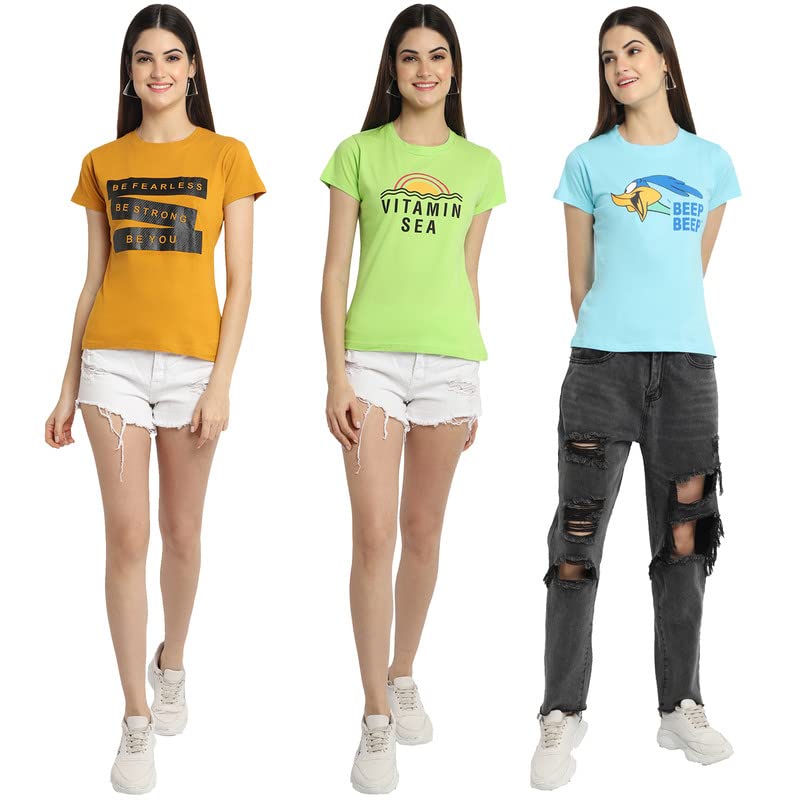 Image of Preneum Women's Cotton Regular Fit Graphic Stylish Printed Short Sleeves Casual T-Shirt || Trendy & Style (Pack 3)