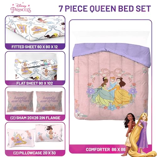 Image of Disney Princess Queen Comforter Set 7 Piece Kids Bedding for Girls, Pink | Cinderella Rapunzel Belle, Bed in a Bag, Comforter Sheets Shams Pillowcases, Soft Microfiber, Machine Washable, Girls Gift
