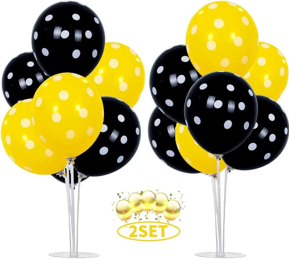 Beliky Bee Table Decorations 2 Set Yellow Black Polka Dot Table Centerpiece Balloons Stand Holder Kit with 16 Latex Balloons for Bumble Bee Theme Baby Shower Kids Supplies