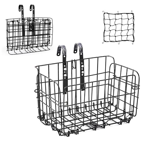 RainFlowwer Front/Rear Bike Basket, Adjustable Foldable Metal Wire Bicycle Baskets for Bike Basket Front Cargo Rack