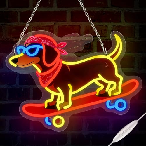 Image of Skateboard Dog Neon Signs, Dachshund Skateboarding Neon Sign Cool LED Wall Art Decor | Dimmable Dog Lover Gift | Idea for Living Room, Bar, Shop, or Birthday Party