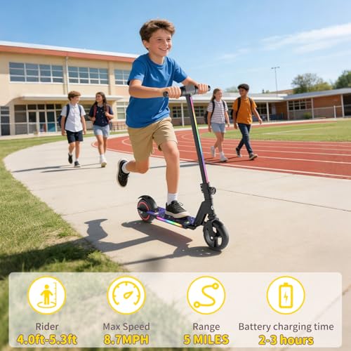 Image of SIMATE Electric Scooter for Kids 6-14, e Kick Scooter with LED Display and Colorful Lights, Adjustable Height and Foldable, Double Brake, Gifts for Kids Girls Boys