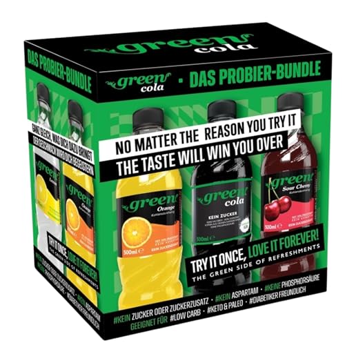 Green Limited Edition Probierpaket – 6x500ml PET – Zuckerfrei, Ohne Aspartam – Cola, Orange, Sour Cherry, Passion Fruit, Lemon, Lemon Lime – Das Zero Sugar Testpaket