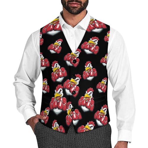Muscular Rooster Fighting Cock Suit Vest for Men Waistcoat Dressy V Neck Button Down Sleeveless Business Jacket Coat