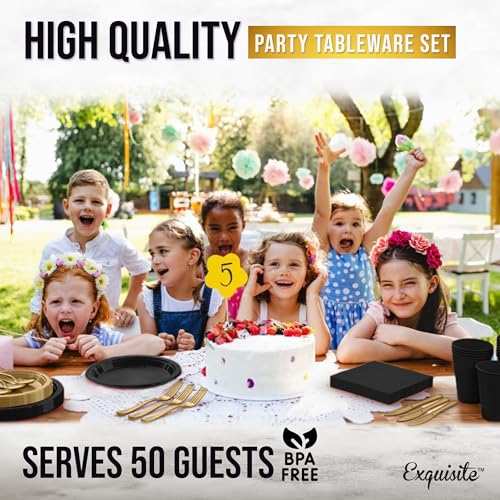 Image of Exquisite 350 Pcs Black & Gold Plates and Napkins Party Supplies Plate Sets