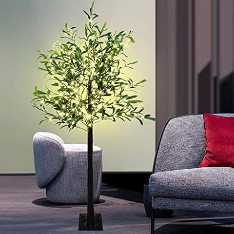 LKGOOD Artificial Lighted Olive Tree 6FT Tall Faux Silk Light Up Plant Trees(with Switch Button) for Home Office Decor Indoor with 300 Warm White Fairy Lights and Lifelike Leaves… Cover