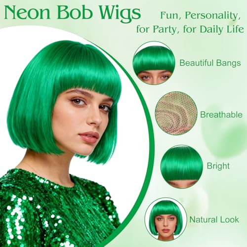 Image of MEEZY 2 Pcs Colorful Bob Wigs with Bangs Green Hot Pink for Women, Neon Funny Wig Short Bob Hair with Heart Sunglasses Hair Cap for Halloween Costume Cosplay Birthday Bachelorette Party Carnival