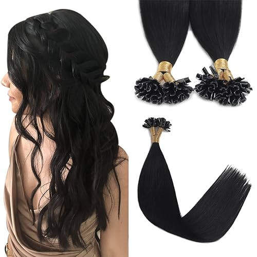 Sindra Keratin Hair Extensions Real Human Hair 16 Inch 50 Strands 40g Jet Black Pre Bonded U Tip Extensions #1 16 Inch