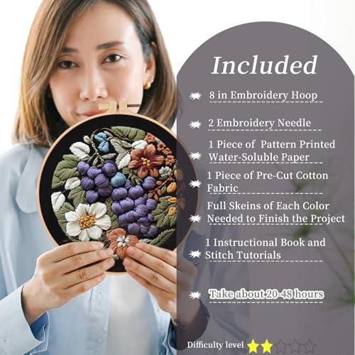 Image of FONNUY Embroidery Kit for Beginners, Grapes Fruit Floral Pre-Stamped Pattern Kits for Adults with Hoop, Easy to Follow Color Thread Needlework, 8'' Hoop (Purple)
