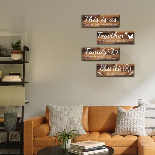 4 Pieces Home Wall Signs, THIS IS US/TOGETHER/BLESS THIS HOME/FAMILY Wall Decor For Living Room Bedroom, Rustic Wooden Farmhouse Wall Art , 4.7 x 13.8 Inch(Brown) - Image 3