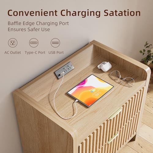 Image of BREEZEHEAT Fluted Nightstand Set of 2, Night Stands with Charging Station, Nightstand Bedside Table End Table with 2 Large Drawers, Mid Century Modern Night Stand for Bedroom, 24 inch Wide, Burly Wood