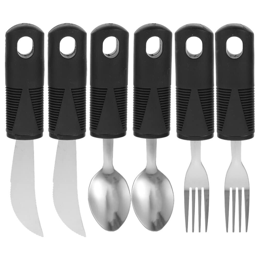 Posate Adattive per Anziani 6 Pezzi in Acciaio Inox Nero | Set Antiscossa, Impugnatura in Gomma e Plastico, Leggero e Riutilizzabile, per Uso Interno
