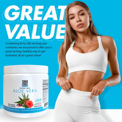 Yes You Can! Organic Aloe Vera Drink Mix - Super Greens Powder - Energy Drink Powder - Pure Aloe Juice Infused - Organic Superfoods - Made in The USA - Hibiscus - 40 Servings (Pack of 1)