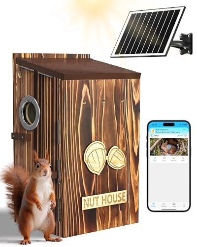 Squirrel Box with Camera Solar Powered Auto Detect & Notify Night Vision Pet Watching Cam for Squirrel Nesting Box 2K HD 2.4G Wi-Fi APP Control Smart Squirrel House for Outside Nesting