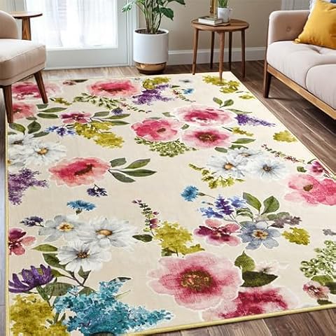 YJ.GWL Area Rug 5x7 Washable Rugs Boho Floral Living Room Rug Soft Non-Slip Non-Shedding Faux Wool Stain Resistant Vintage Rugs for Bedroom Dining Room Kids Room Nursery Office, Beige Cover