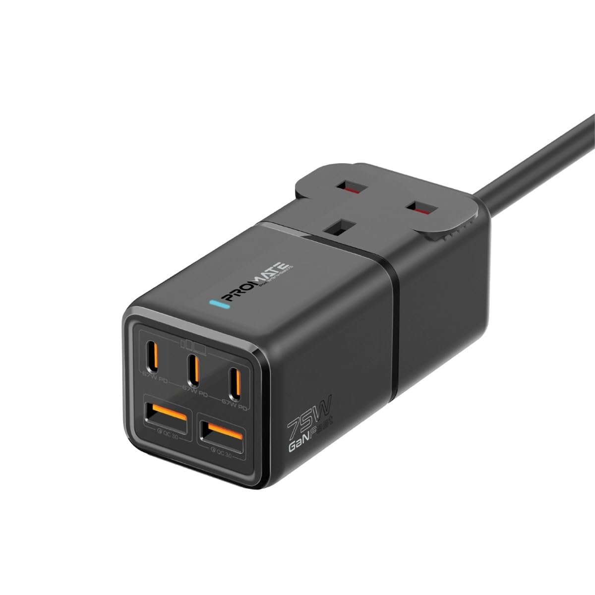 PromatePower Strip, 6-in-1 Multi-Port 75W GaNFast Power Extension with 3250W AC Socket, 3 USB-C Power Delivery Ports, Dual QC 3.0 Ports and 2m Cable for iPhone 15, Galaxy S23, PowerBrix-GaN75