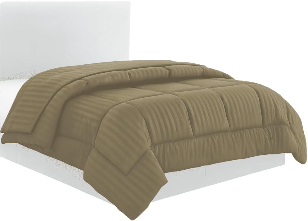 Luxury 350 Thread Count 100 GSM Fiber Fill 1pc Comforter RV Champer Short Queen Size, Taupe Stripe 100% Egyptian Cotton
