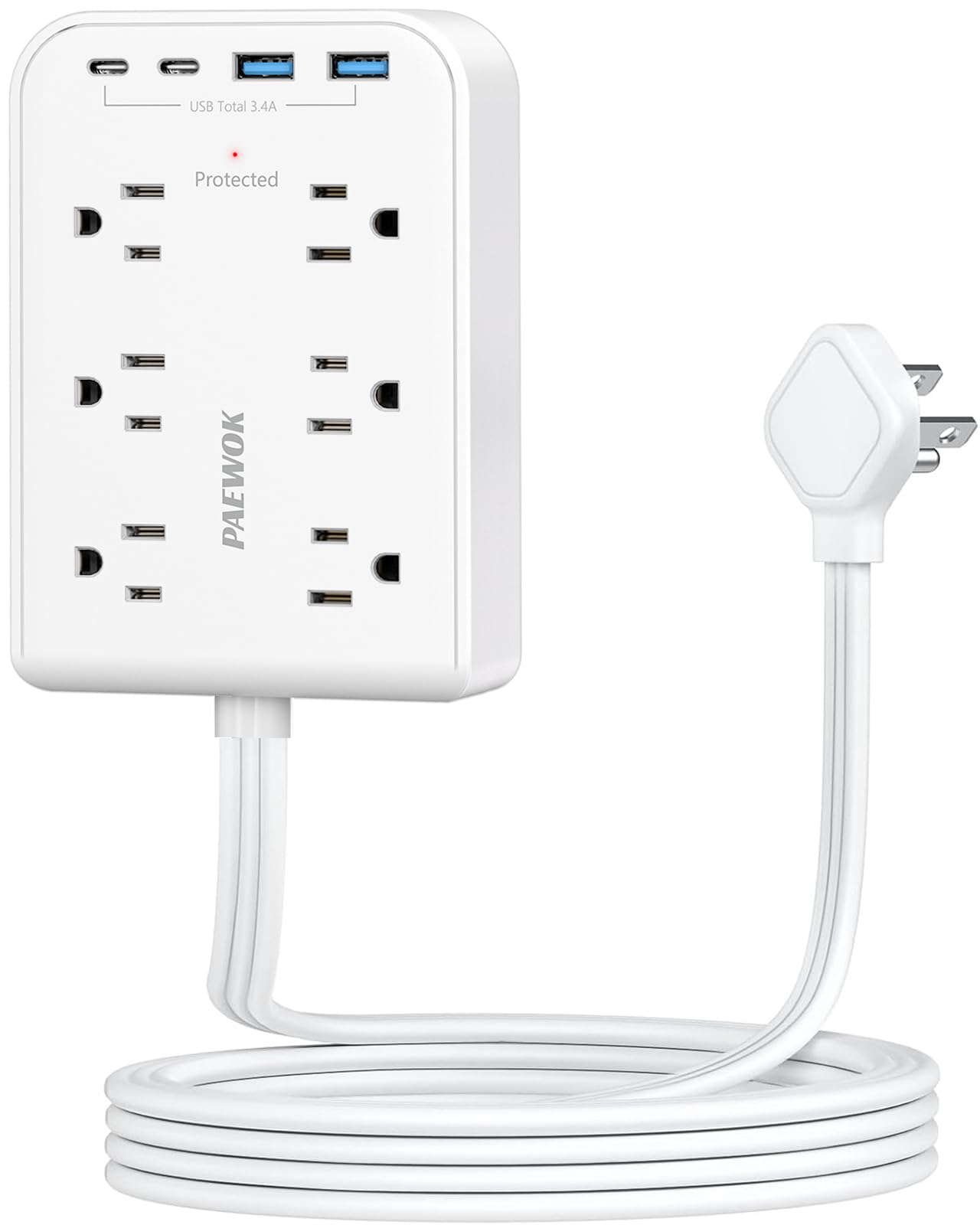 1,5 m Flachsteckerverlängerung mit 4 USB(2 USB C), 6 Steckdosen, Multi-Stecker Expander Wandladegerät, ultradünne Verlängerungskabel, Überspannungsschutz