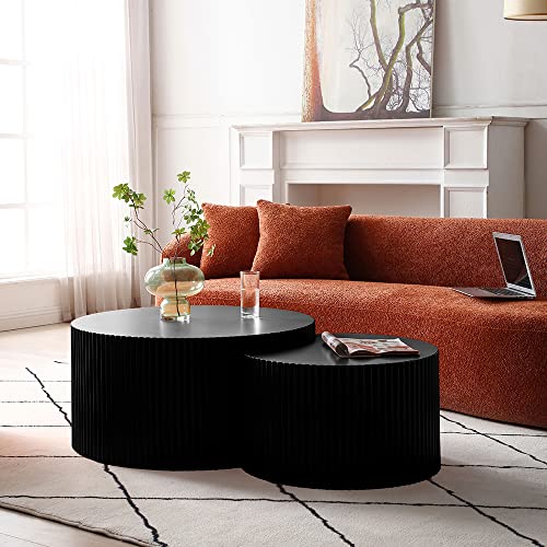 Jurmalyn Black Round Coffee Table Set Of 2, Modern Drum Coffee Tables With Moon Side Tables Set Wooden Nesting Coffee Table For Living Room Apartment Mall (Matte-Black) #TOP2