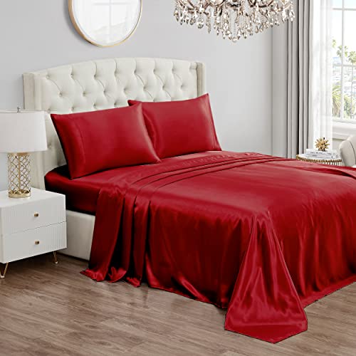 Juicy Couture King Size Silk Satin Bed Sheet Set, Deep Pocket Silky Satin King Sheet Set With 1 Fitted Sheet, 1 Flat Sheet And 2 Pillow Case, Wrinkle Resistant And Anti Pilling - Red #TOP7