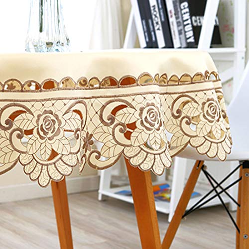 Lelehome 57" Round Brown Flower Embroidered Beige Tablecloth, Classic Vintage Damask Lace White Table Cloth For Home Kitchen Restaurant Party Dining Tables #TOP6