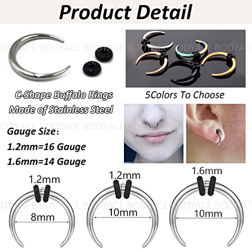 BodyAce C Shape Septum Pincher Tapers, 14G 16G Buffalo Ear Taper Kit Stretching Expanded Nose Rings, Horseshoes Black Gold Septum Rings with O-Rings2