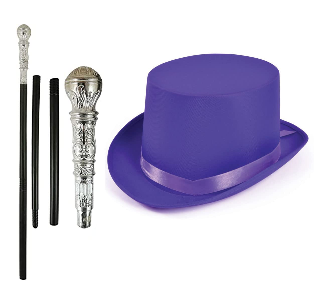 labreeze Purple Satin Top Hat Silver Cane Willy Wonka Chocolate Factory Style Fancy Dress Party Set