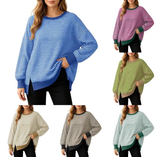 Oversized Sweaters for Women Side Split Long Sleeve Knit Striped Sweater - image 1