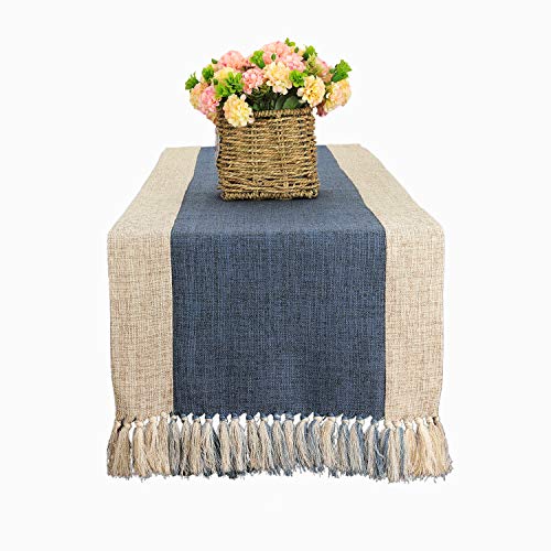 Bettery Home Cotton Fabric Rustic Table Runner with Handcrafted Fringe, Great for Country Farmhouse Wedding Party Decorations, 15 x 70 Inch, Blue