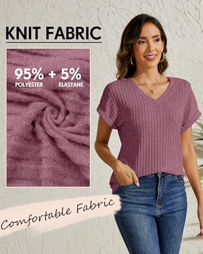 3 Pack Women Short Sleeve Sweaters 2025 Summer V Neck Tops Casual Shirts Loose Fit Lightweight Dressy Business4