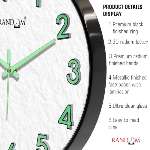 Image of RANDOM Modern 12.75INCH Wall Clock with 3D Radium Numbers, Silent Non-Ticking, Premium Black Frame, Metallic Face, Ultra Clear Glass