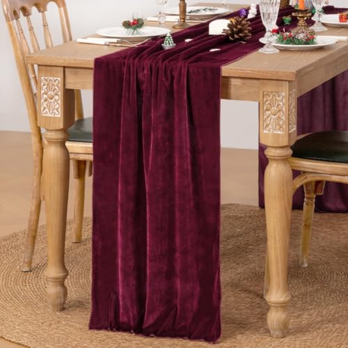 Image of MLMC Velvet Table Runner 10ft Luxury Velvet Fabric Elegant Table Decorations 20x120 Inches for Wedding Anniversary Romantic Dinner Holiday Kitchen and Dining Table Decor, Burgundy Red