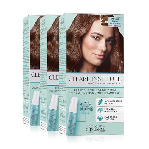 Clearé Institute | Colour Clinuance | Coloración Capilar Permanente Sin Amoniaco | Tinte de Pelo 100% Cobertura de Canas, Incluye Sérum Capilar | Método Curly | 5.34 Castaño Claro Luminoso | Pack 3