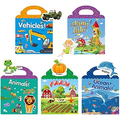 5 Set Reusable Sticker Books for Kids, Sticker Activity Book Window Clings for Toddlers, Vehicle, Farm, Animal, Princess, Ocean Animals Sticker Learning Toys Educational Sticker Book for Kids Cover