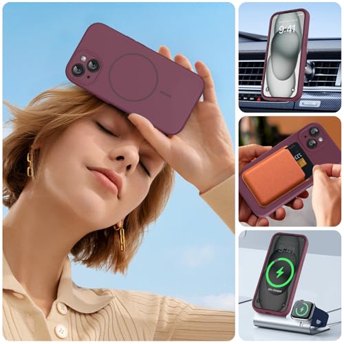 Image of Miracase Magnetic for iPhone 15 Plus Case, [Soft Anti-Scratch Microfiber Lining], Compatible with MagSafe, Liquid Silicone Shockproof Drop Protection Phone Case for 15 Plus, Wine Red