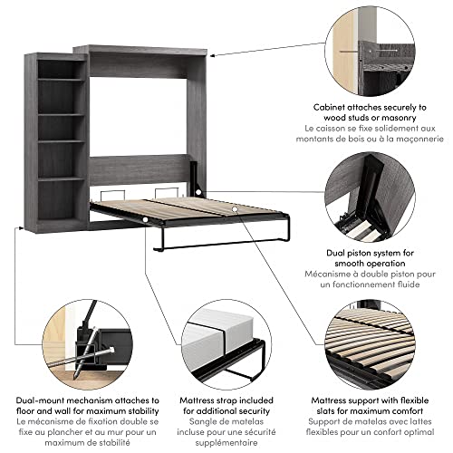 Bestar Pur Queen Murphy Bed with Shelving Unit, 90-inch Space-Saving Sleeping Arrangement for Multipurpose Room in Bark Grey - Thumbnail 5