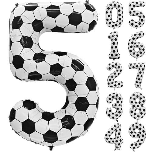 Image of Black White Soccer Number 5 Balloon 5nd Birthday Decoration 40in 5 Balloon | Helium Foil Mylar Balloon World Cup Football Sports Theme Favors for Birthday Party Anniversary Decorations Supplies