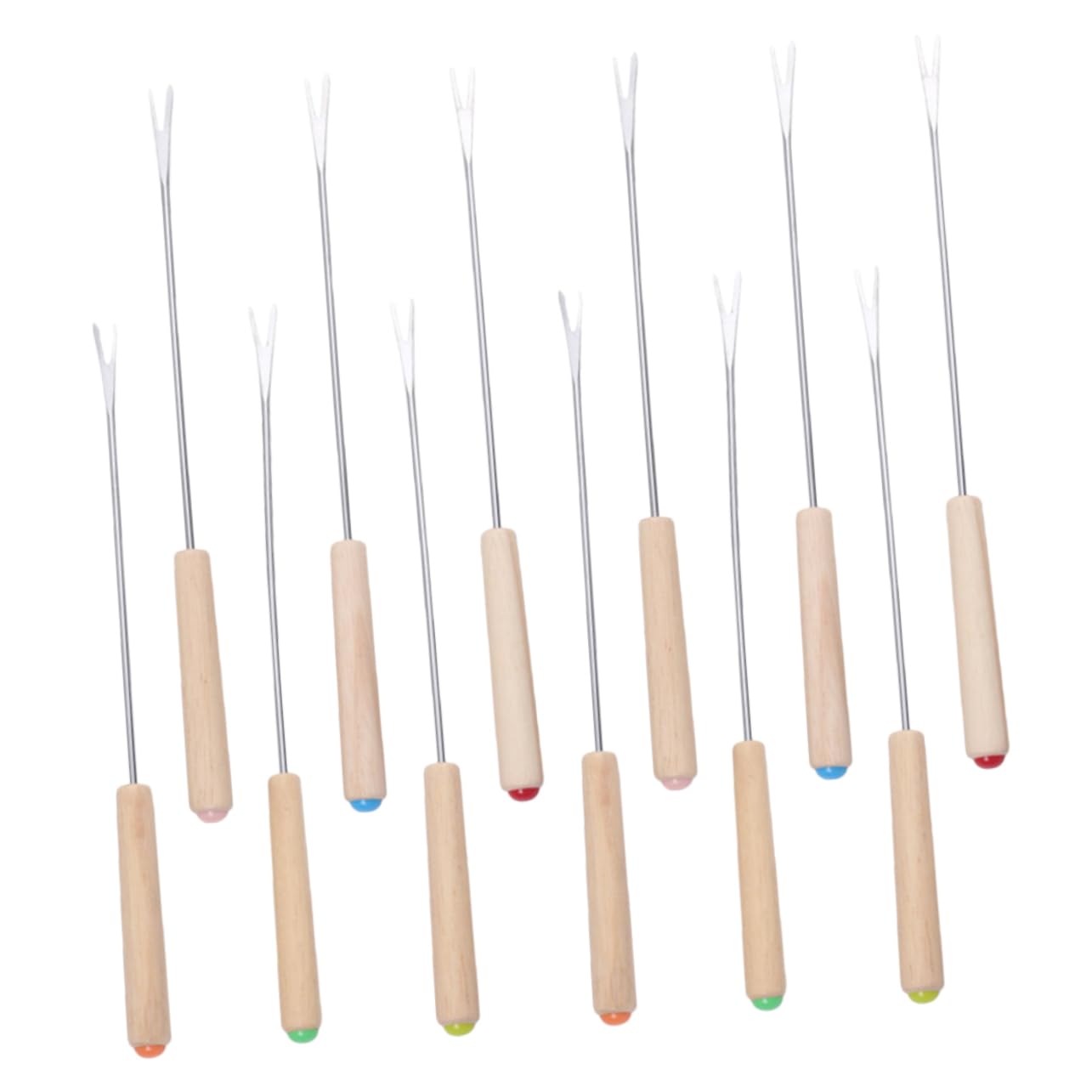 INOOMP 12pcs Stainless Steel Fondue Fork with Oak Handles Color Coded Skewers for Cheese Chocolate and Desserts Long Serving Forks for Parties and Gatherings