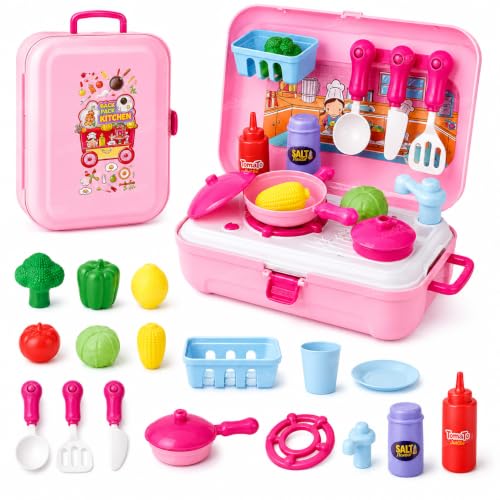 Image of Zest 4 Toyz Kitchen Set for Kids Girls Pretend Play Toys with Light and Sound Portable Trolley Cooking Set Early Educational Toys Kitchen Set 24 Pieces