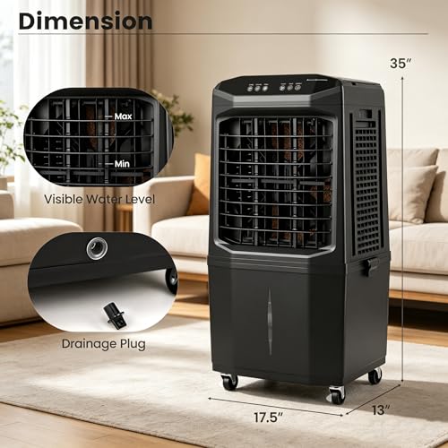 KOTEK 7 Gal Evaporative Air Cooler, 1800 CFM Windowless Portable Swamp Cooler Air Conditioner with 3 Speeds 4 Ice Boxes 12H Timer Remote, Oscillating Cooling Fan for Room Home Gara image 6