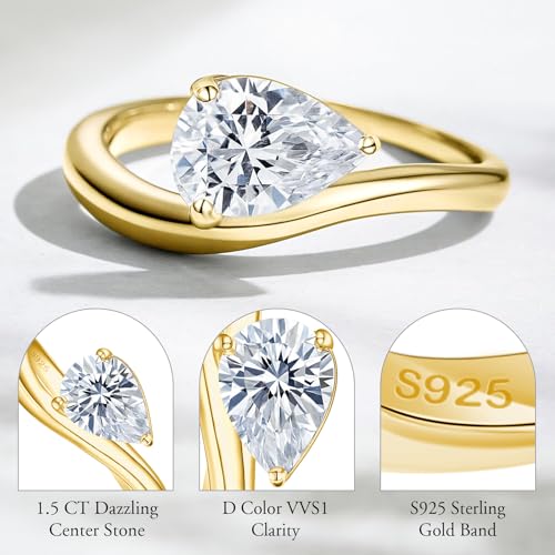 Image of NORBU Solitaire Wavy Moissanite Engagement Rings for Women, 1.5CT D Color VVS1 Clarity Pear Cut, 925 Sterling Silver Promise Ring with 18K White Gold Plated, Jewelry Gift for Wedding Anniversary Birthday Christmas Valentine's Day