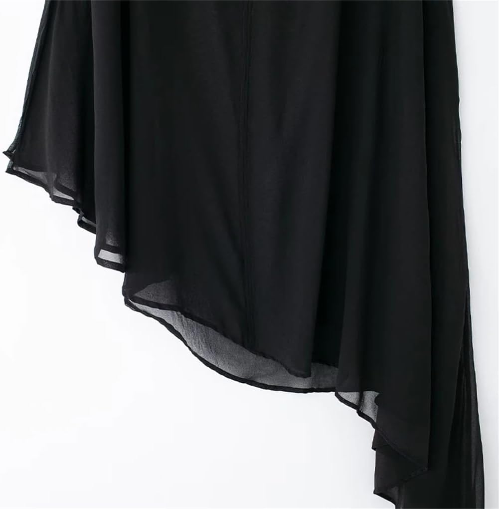 Women's Pleated Asymmetric Retro Sheer Round Neck Top