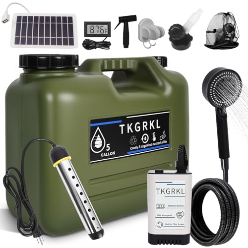Camping Shower with Heater and 5-Gallon Water Jug 6000mAh Rechargeable Portable Shower 1500w Immersion Heater with Auto Shut-Off Rinse Kit Portable Shower with USB Solar Charging Panel For Camping