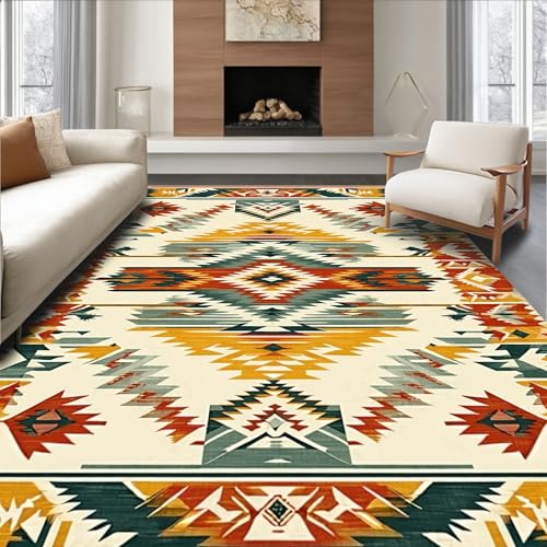 ODIKA Flatwoven High Traffic Area Rug 8x10, Ethnic Highlighting Native Iconography and Stripes, Non Slip, Stain Resistant, Washable Area Rugs for Living Room, Bedroom (Beige, 8x10)