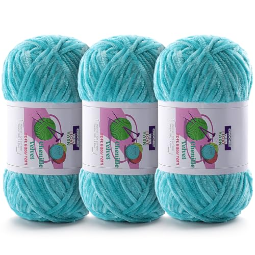Image of 3 Skeins Soft Fluffy Velvet Yarn, Chenille Chunky Yarn for Hand Knitting and Crocheting DIY Craft, Amigurumi Crochet Yarn(3x196.8yds, 3x3.5oz) (Lake Blue)