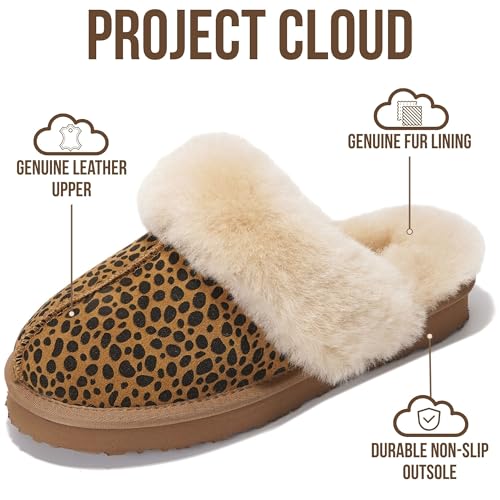 Image of Project Cloud Genuine Leather Slippers for Women with Genuine Fur Lining, Non-Slip Indoor /Outdoor Clog Mule Slippers, Memory Foam Insole