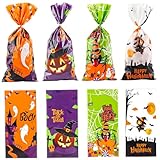 Zi Lan 50pcs Halloween Cellophane Treat Bags, Pumpkin Spider Favor Gift Candy Bags for Halloween Theme Party Decorations Supplies with 50pcs Twist Ties