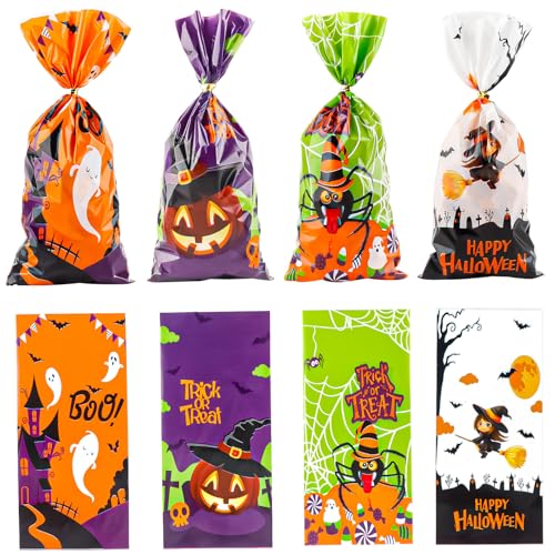Zi Lan 50pcs Halloween Cellophane Treat Bags, Pumpkin Spider Favor Gift Candy Bags for Halloween Theme Party Decorations Supplies with 50pcs Twist Ties