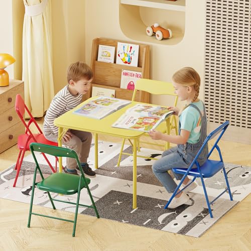 Image of JOYMOR 5-Piece Kids Folding Table and Chairs Set, Metal Frame Children's Activity Set with Easy-Fold Design, Kids Table and Chairs for Playroom & Classroom (Multicolor)